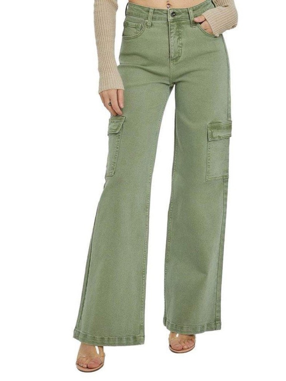 Risen Women's Olive Green High Rise Wide Leg Cargo Pants, NWT size 5